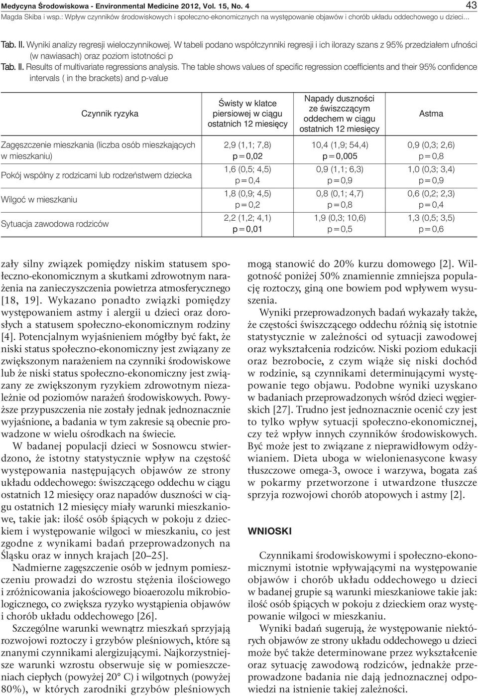 The table shows values of specific regression coefficients and their 95% confidence intervals ( in the brackets) and p-value Czyn nik ry zy ka Świ sty w klat cepier sio wej w cią gu ostat nich 12 mie
