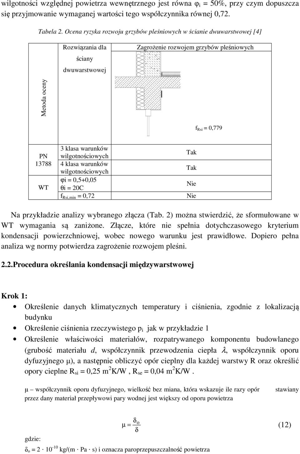 warunków wilgotnościowych 4 klasa warunków wilgotnościowych ϕi = 0,5+0,05 θi = 20C f Rsi,min = 0,72 Tak Tak Nie Nie Na przykładzie analizy wybranego złącza (Tab.