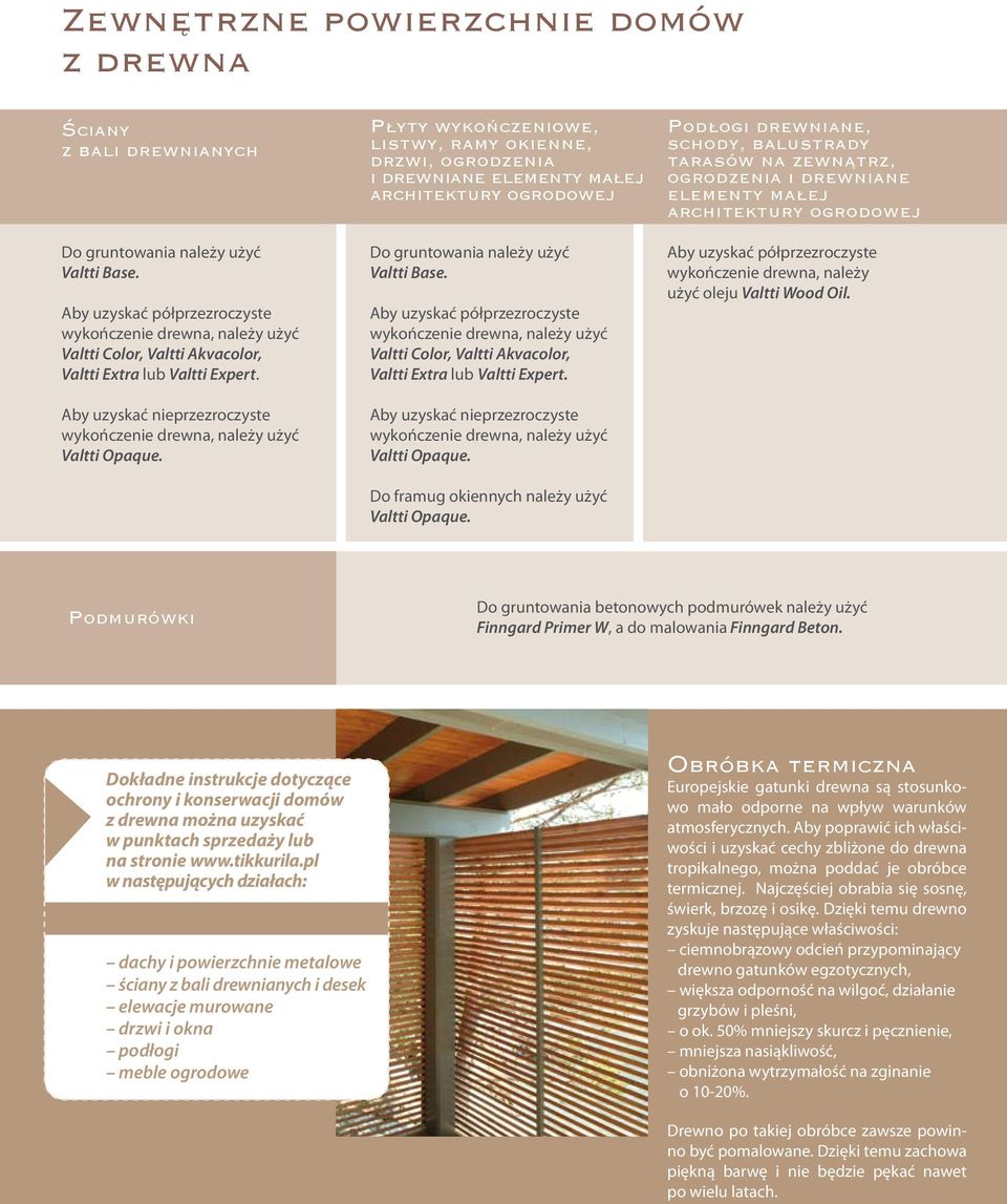 Płyty wykończeniowe, listwy, ramy okienne, drzwi, ogrodzenia i drewniane elementy małej architektury ogrodowej Do gruntowania należy użyć Valtti Base.  Do framug okiennych należy użyć Valtti Opaque.