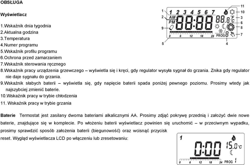 Wskaźnik słabych baterii wyświetla się, gdy napięcie baterii spada poniżej pewnego poziomu. Prosimy wtedy jak najszybciej zmienić baterie. 10.Wskaźnik pracy w trybie chłodzenia 11.
