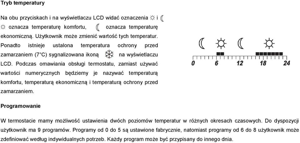 Podczas omawiania obsługi termostatu, zamiast używać wartości numerycznych będziemy je nazywać temperaturą komfortu, temperaturą ekonomiczną i temperaturą ochrony przed zamarzaniem.