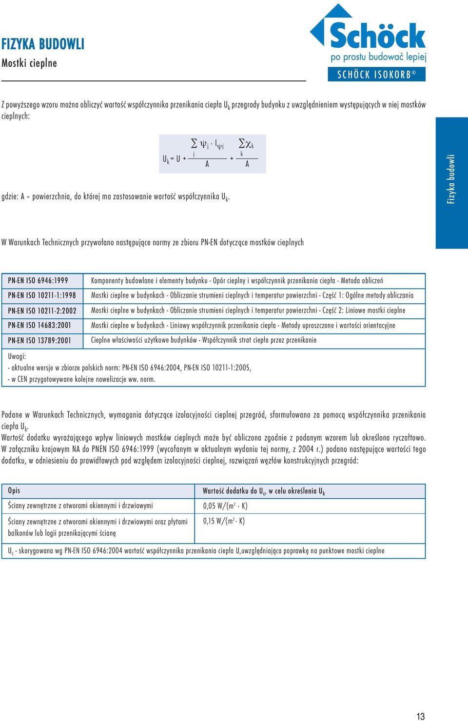 j U k = U + + A k A W Warunkach Technicznych przywołano następujące normy ze zbioru PN-EN dotyczące mostków cieplnych PN-EN ISO 6946:1999 PN-EN ISO 10211-1:1998 PN-EN ISO 10211-2:2002 PN-EN ISO