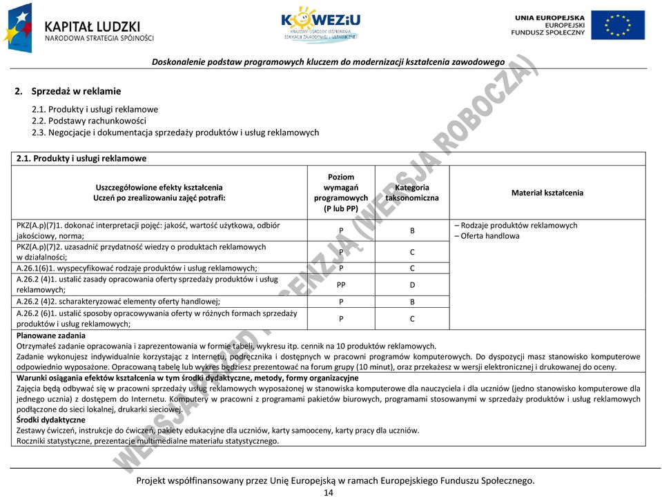 rodukty i usługi reklamowe Uszczegółowione efekty kształcenia Uczeń po zrealizowaniu zajęć potrafi: oziom wymagań programowych ( lub ) Kategoria taksonomiczna Materiał kształcenia KZ(A.p)(7)1.