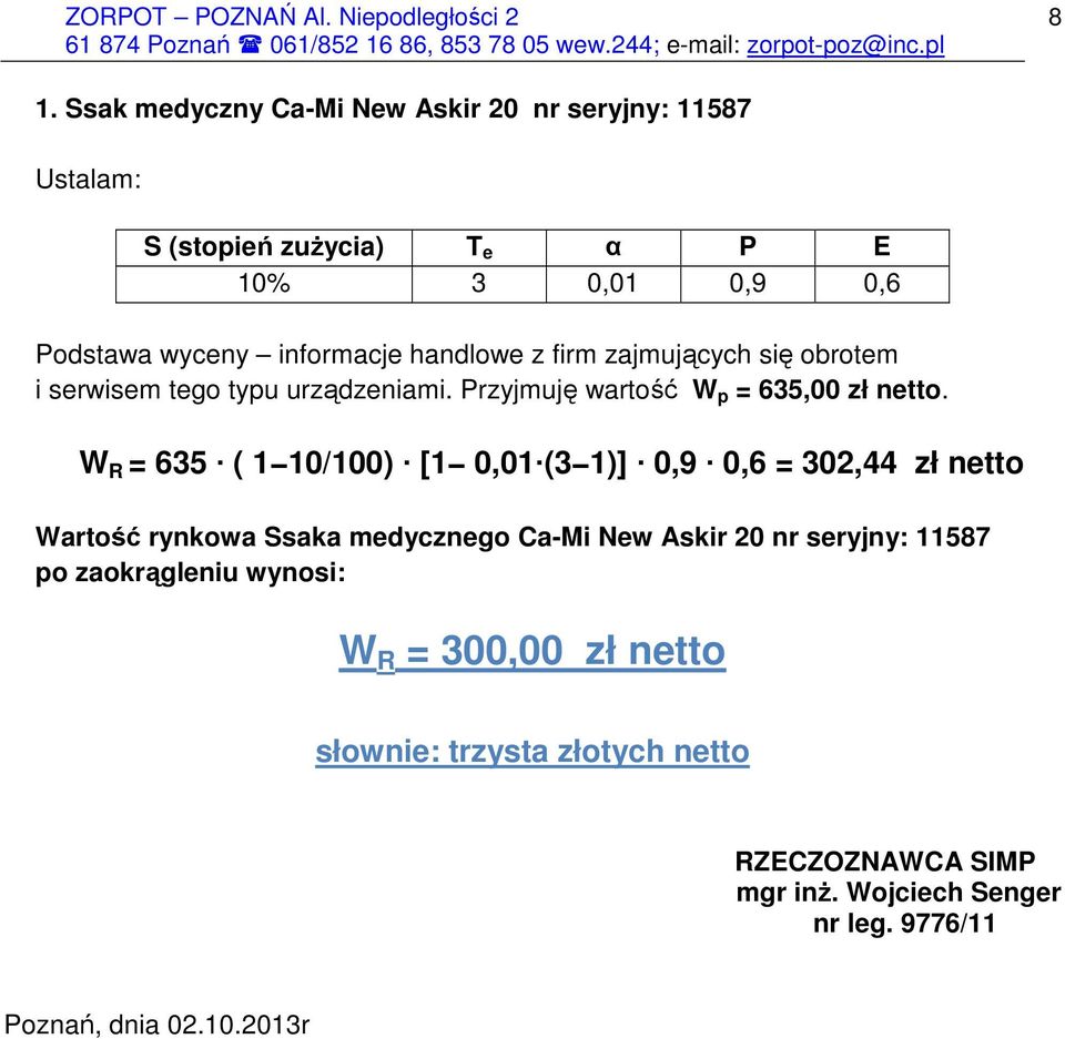 W R = 635 ( 1 10/100) [1 0,01 (3 1)] 0,9 0,6 = 302,44 zł netto Wartość rynkowa Ssaka medycznego Ca-Mi New Askir 20 nr seryjny: 11587 po