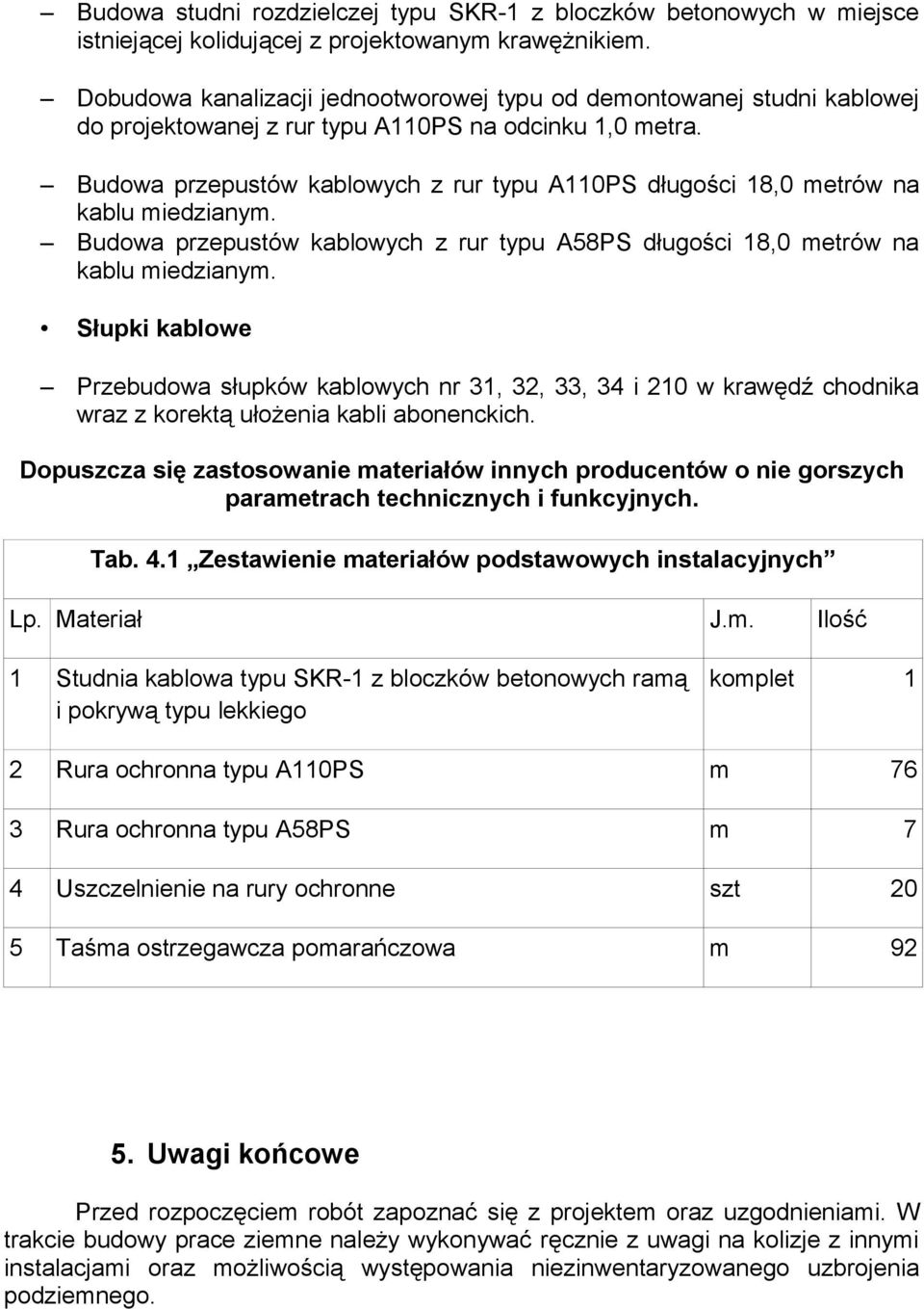 Budowa przepustów kablowych z rur typu A110PS długości 18,0 metrów na kablu miedzianym. Budowa przepustów kablowych z rur typu A58PS długości 18,0 metrów na kablu miedzianym.