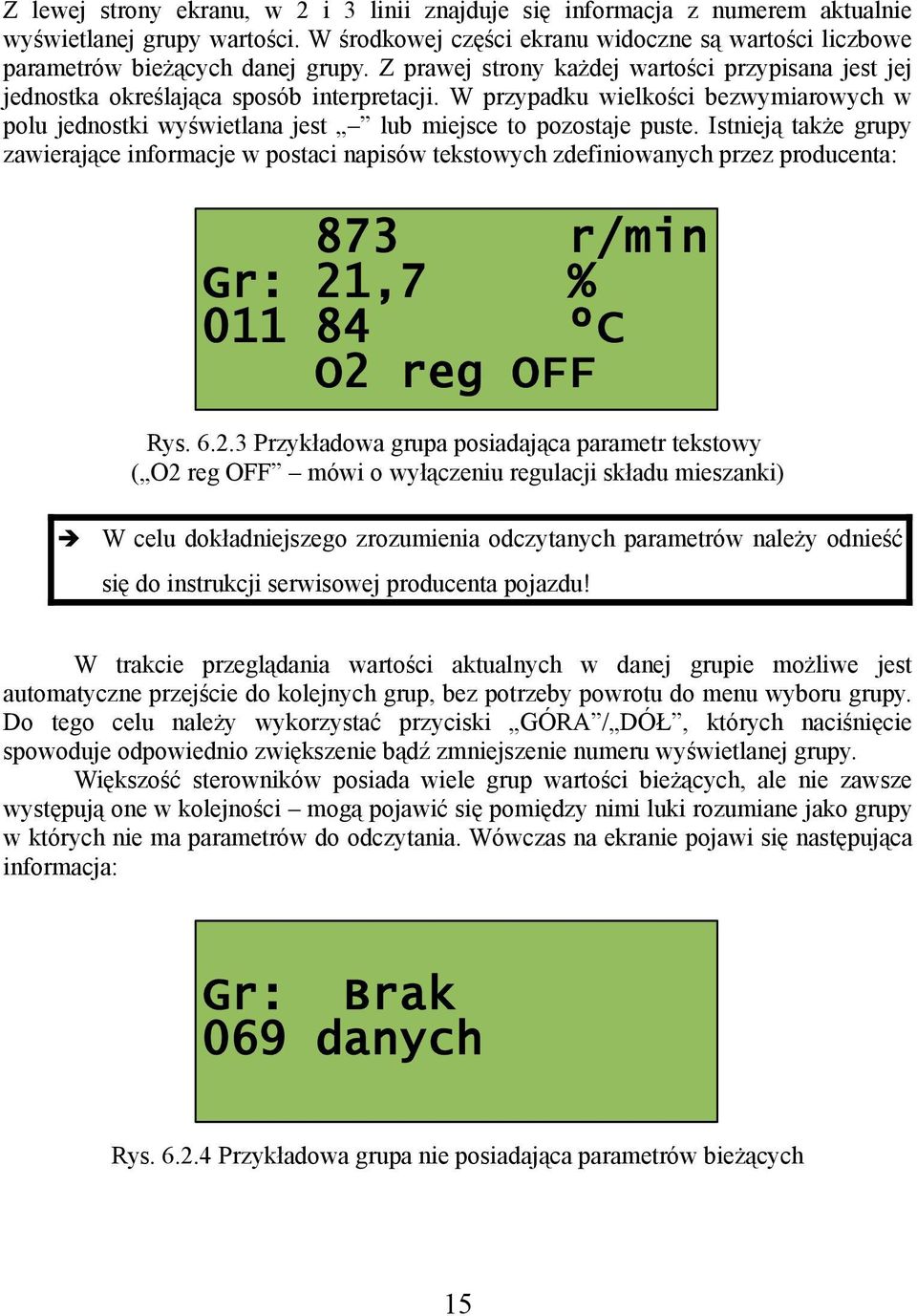 Istnieją także grupy zawierające informacje w postaci napisów tekstowych zdefiniowanych przez producenta: 873 r/min Gr: 21