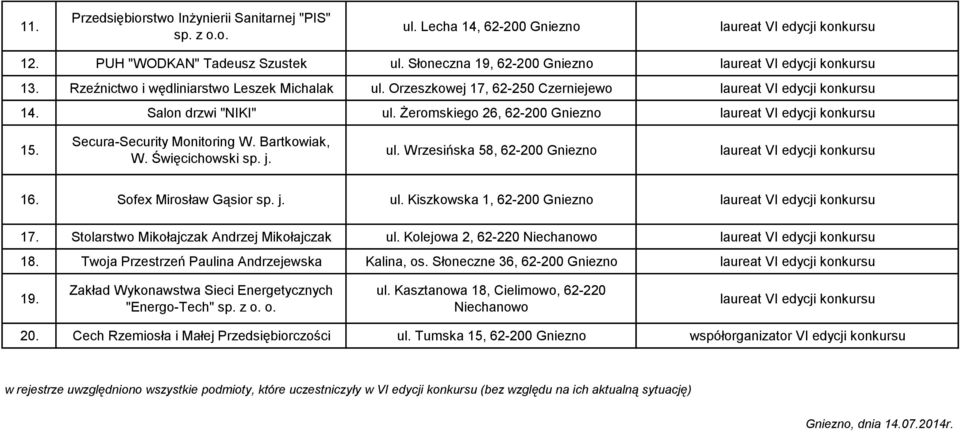 Żeromskiego 26, 62-200 Gniezno laureat VI edycji konkursu 15. Secura-Security Monitoring W. Bartkowiak, W. Święcichowski sp. j. ul. Wrzesińska 58, 62-200 Gniezno laureat VI edycji konkursu 16.