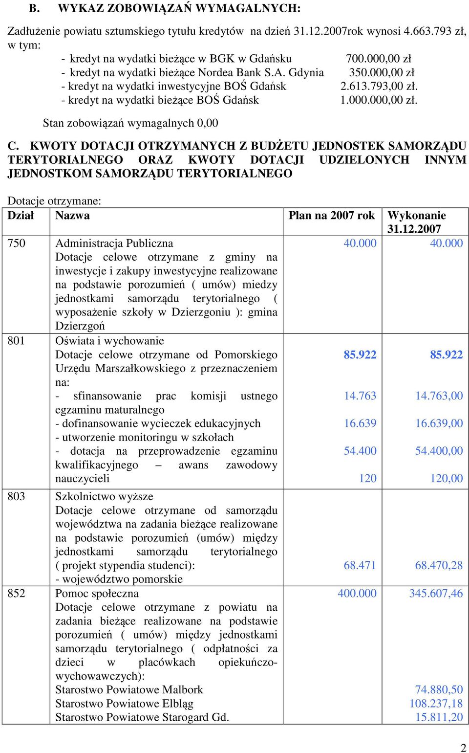 KWOTY DOTACJI OTRZYMANYCH Z BUDŻETU JEDNOSTEK SAMORZĄDU TERYTORIALNEGO ORAZ KWOTY DOTACJI UDZIELONYCH INNYM JEDNOSTKOM SAMORZĄDU TERYTORIALNEGO Dotacje otrzymane: Dział Nazwa Plan na 2007 rok