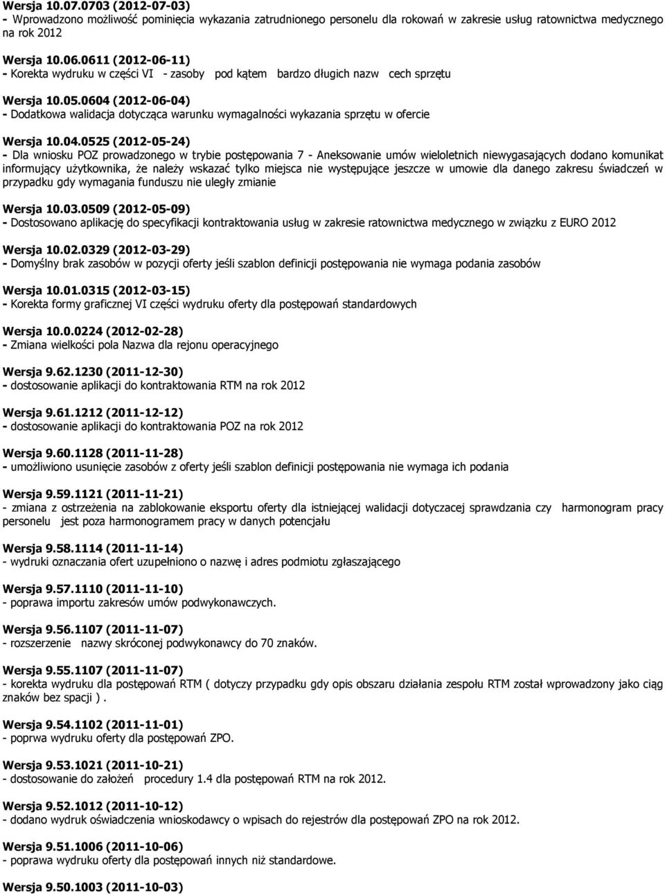 0604 (2012-06-04) - Dodatkowa walidacja dotycząca warunku wymagalności wykazania sprzętu w ofercie Wersja 10.04.0525 (2012-05-24) - Dla wniosku POZ prowadzonego w trybie postępowania 7 - Aneksowanie