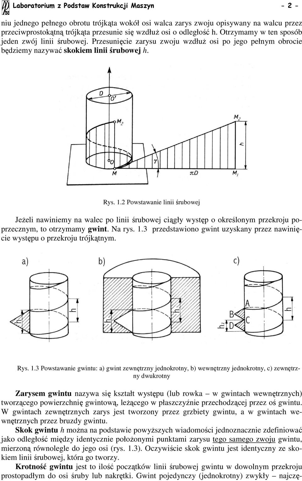 2 Powstawane ln śrubowej JeŜel nawnemy na walec po ln śrubowej cągły występ o określonym przekroju poprzecznym, to otrzymamy gwnt. Na rys. 1.