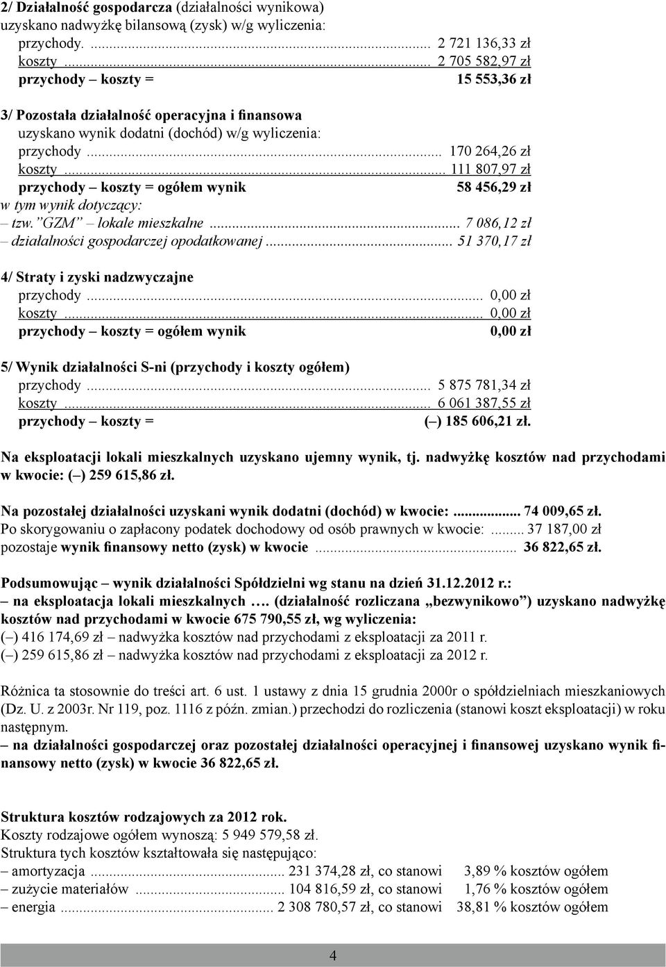 .. 111 807,97 zł przychody koszty = ogółem wynik 58 456,29 zł w tym wynik dotyczący: tzw. GZM lokale mieszkalne... 7 086,12 zł działalności gospodarczej opodatkowanej.
