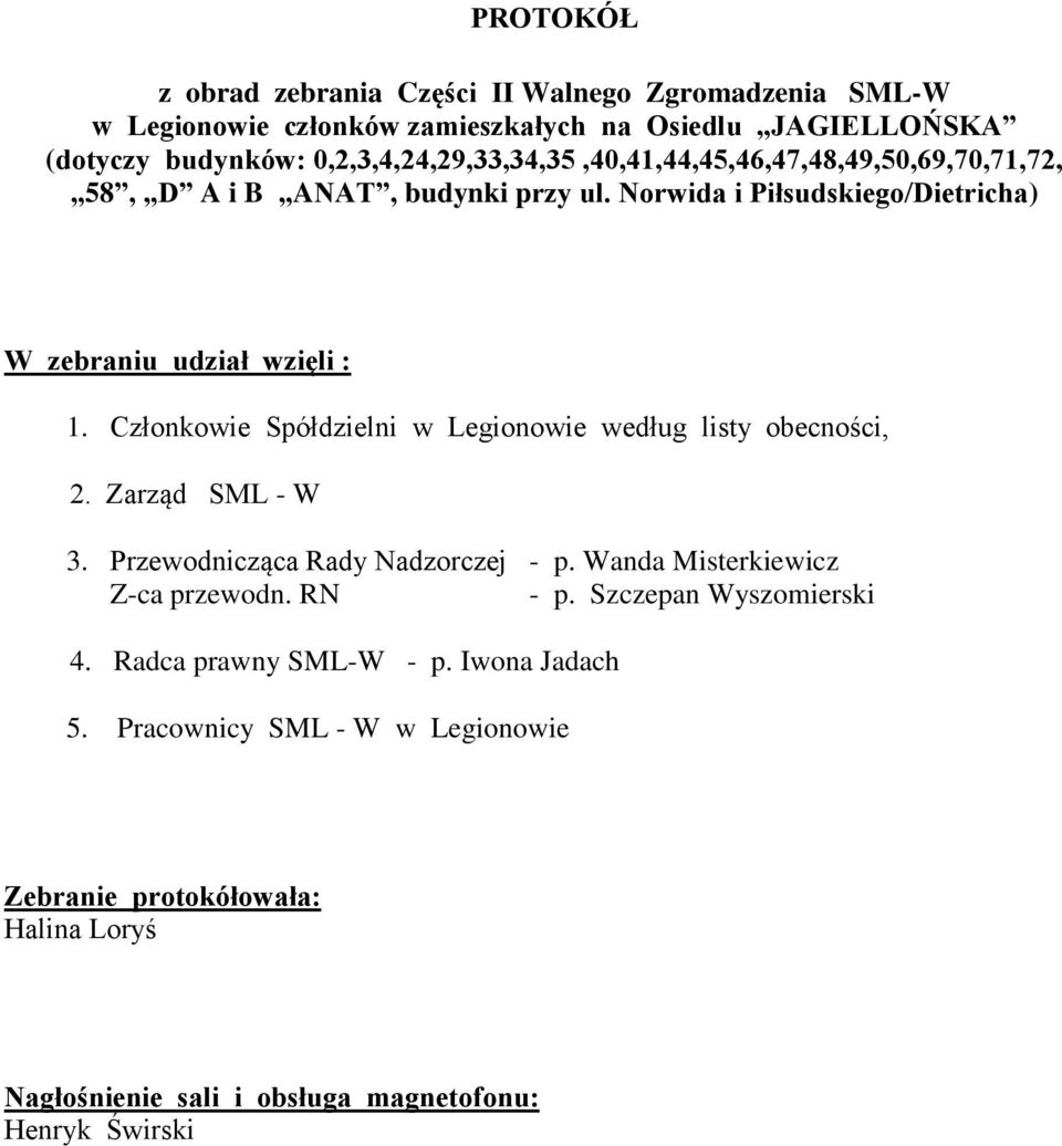 Członkowie Spółdzielni w Legionowie według listy obecności, 2. Zarząd SML - W 3. Przewodnicząca Rady Nadzorczej - p. Wanda Misterkiewicz Z-ca przewodn. RN - p.