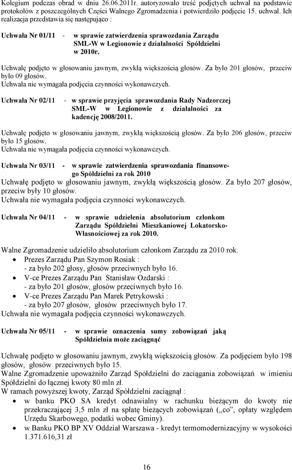 Ich realizacja przedstawia się następująco : Uchwała Nr 01/11 - w sprawie zatwierdzenia sprawozdania Zarządu SML-W w Legionowie z działalności Spółdzielni w 2010r.