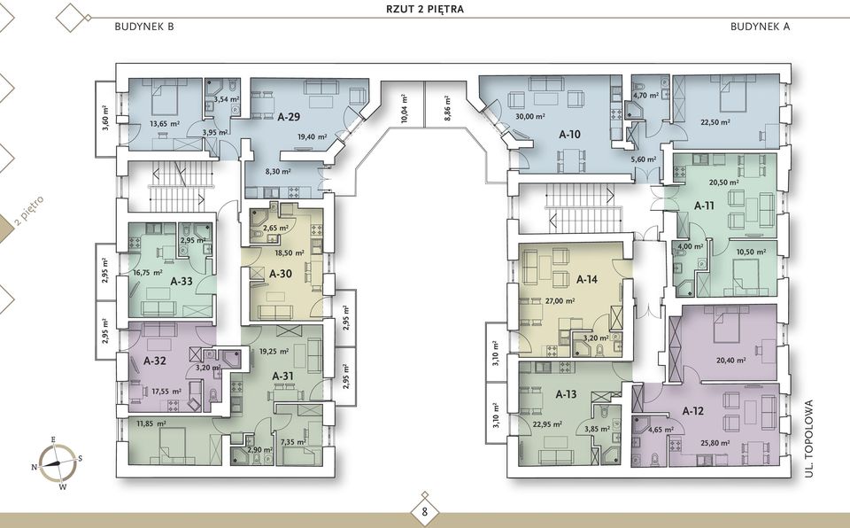 m 2 16,75 m 2 A-33 A-30 A-14 2 PIĘTRO 2,95 m 2 A-32 17,55 m 2 3,20 m 2 19,25 m 2 A-31 2,95 m 2 2,95 m 2 3,10 m 2 27,00 m