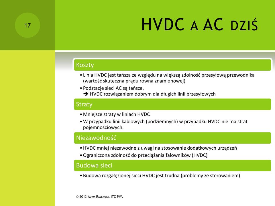 HVDC rozwiązaniem dobrym dla długich linii przesyłowych Straty Mniejsze straty w liniach HVDC W przypadku linii kablowych (podziemnych) w