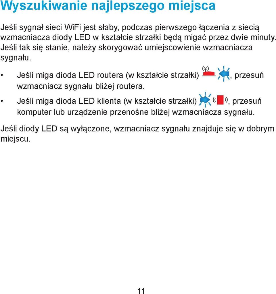 Jeśli miga dioda LED routera (w kształcie strzałki), przesuń wzmacniacz sygnału bliżej routera.