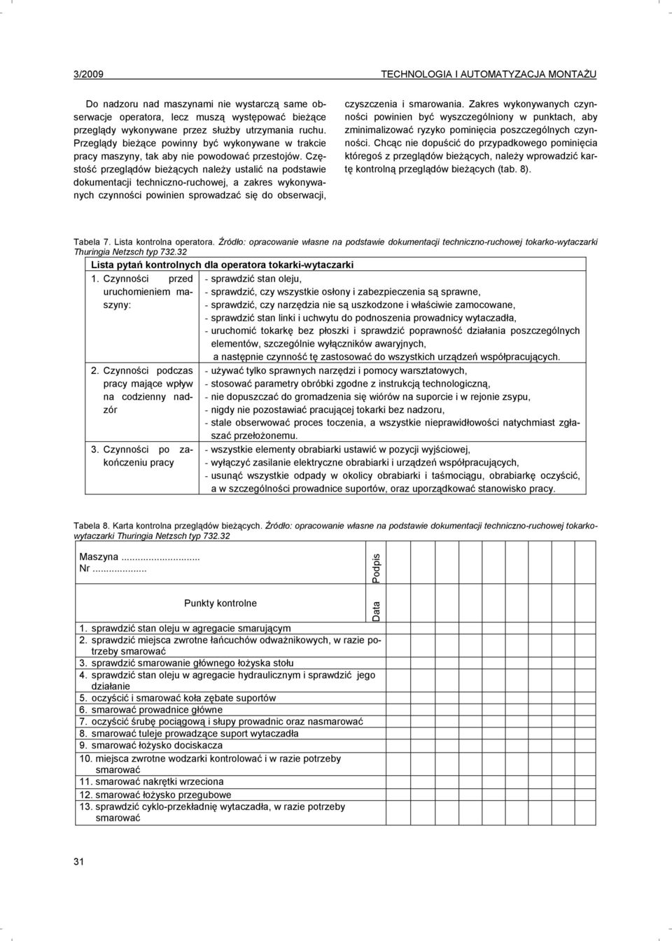 Częstość przeglądów bieżących należy ustalić na podstawie dokumentacji techniczno-ruchowej, a zakres wykonywanych czynności powinien sprowadzać się do obserwacji, czyszczenia i smarowania.