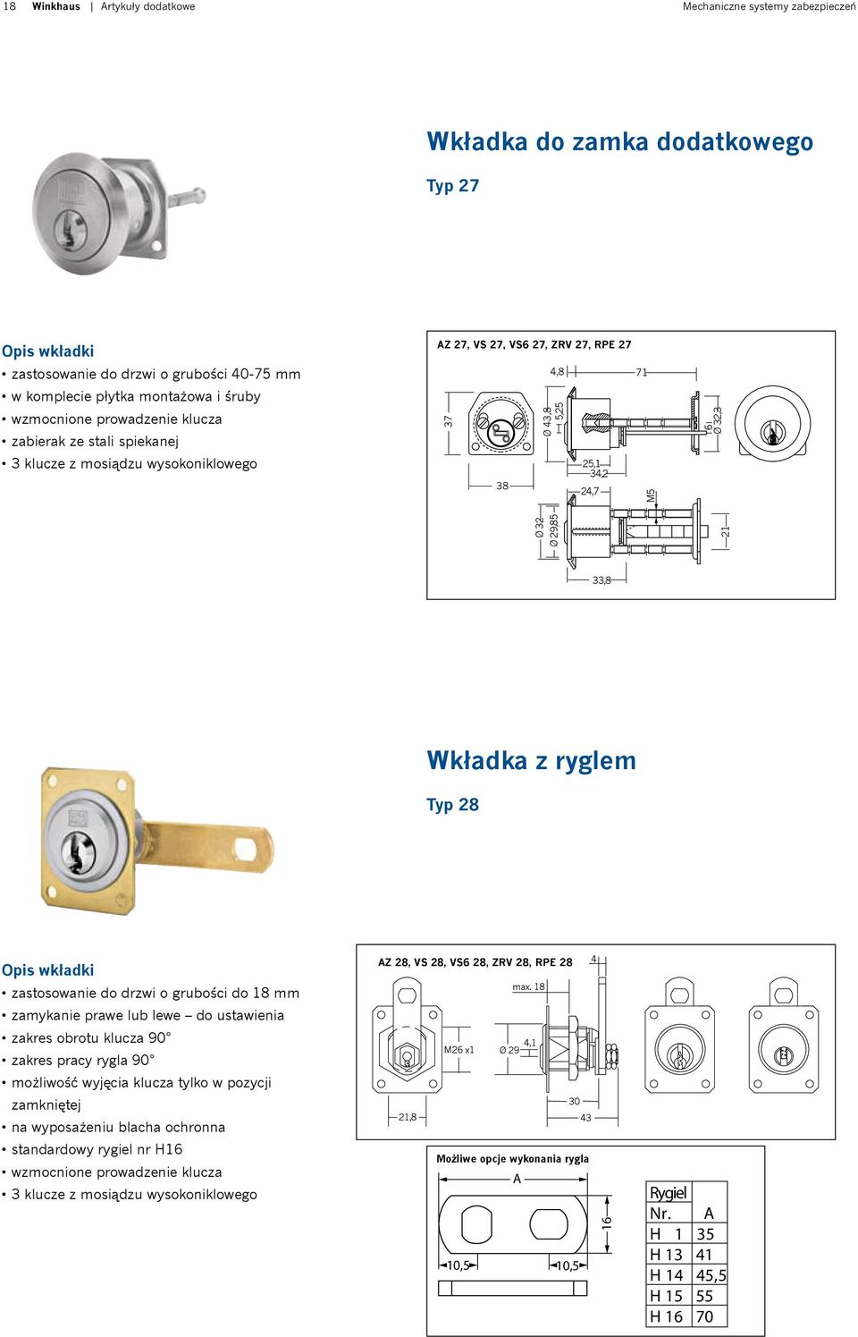 21,8 Wkładka z ryglem Typ 28 Opis wkładki zastosowanie do drzwi o grubości do 18 mm zamykanie prawe lub lewe do ustawienia zakres obrotu klucza 90 zakres pracy rygla 90 możliwość wyjęcia klucza tylko