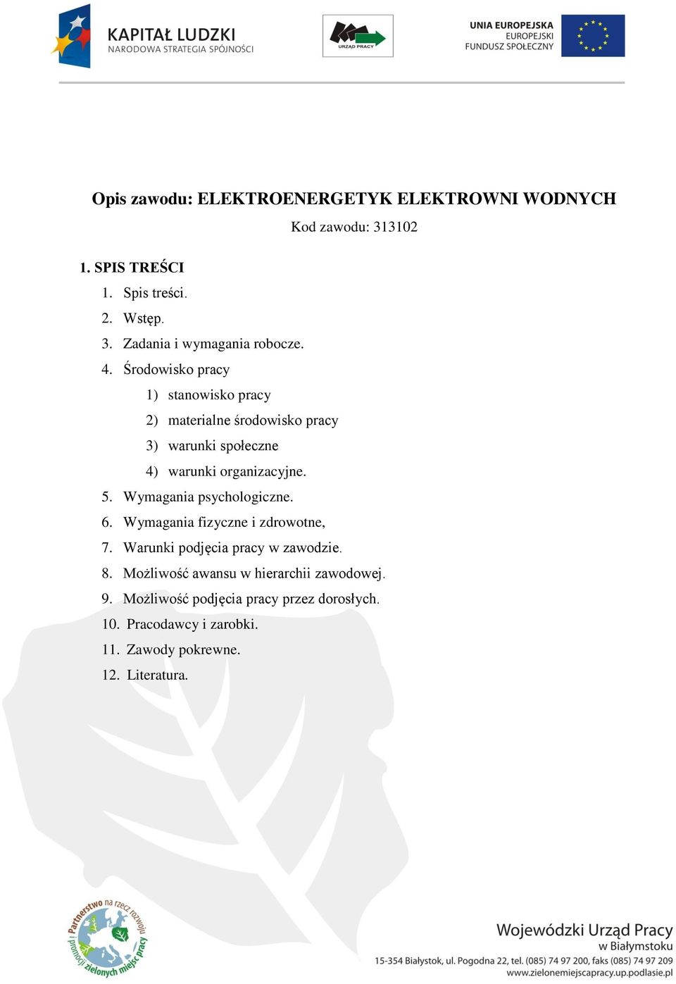 Wymagania psychologiczne. 6. Wymagania fizyczne i zdrowotne, 7. Warunki podjęcia pracy w zawodzie. 8.