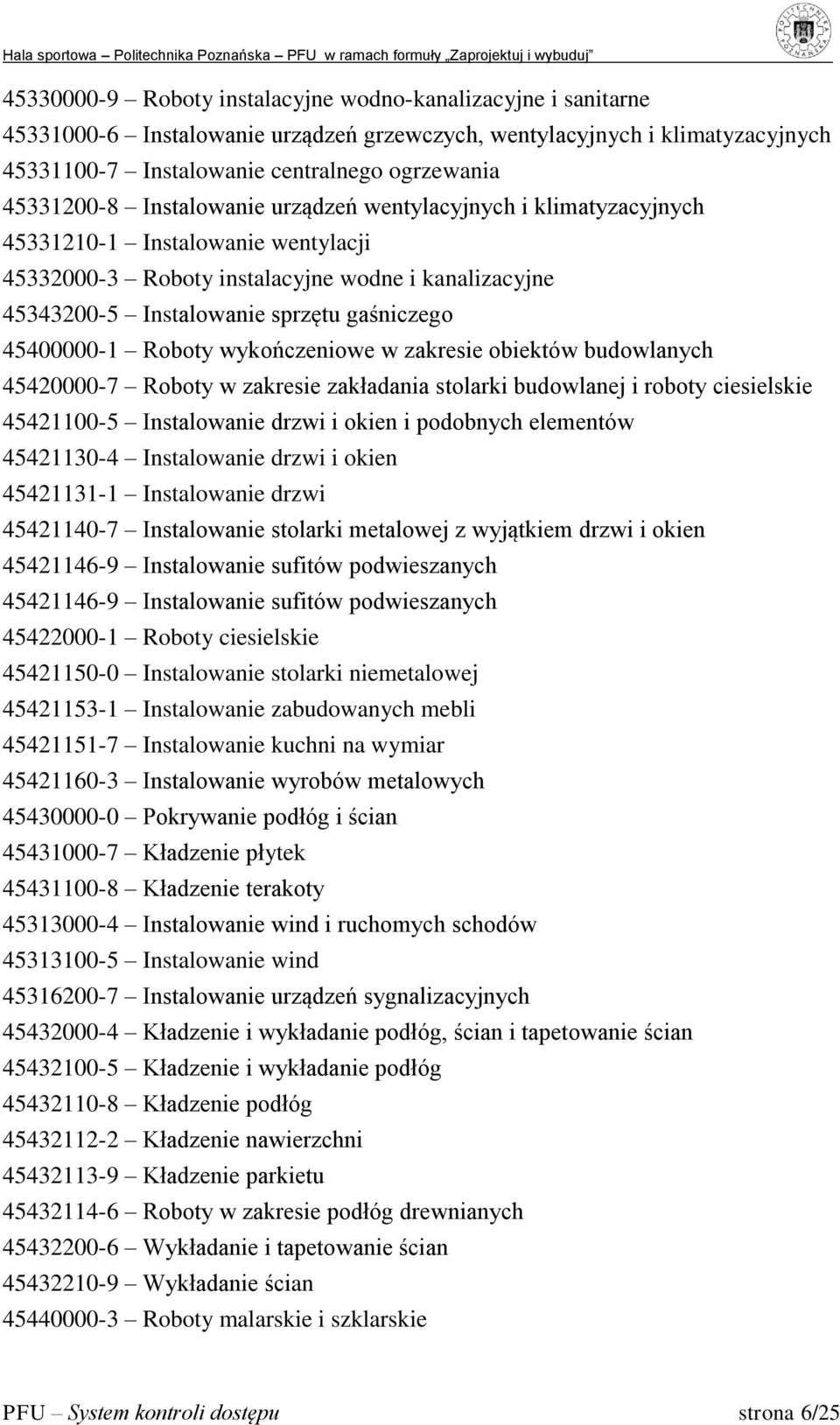 Roboty wykończeniowe w zakresie obiektów budowlanych 45420000-7 Roboty w zakresie zakładania stolarki budowlanej i roboty ciesielskie 45421100-5 Instalowanie drzwi i okien i podobnych elementów