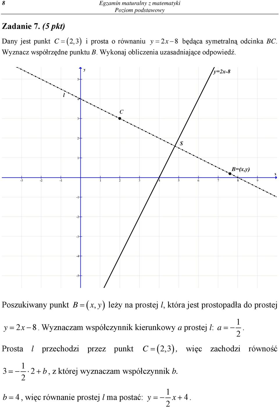 5 y y=x-8 l 4 C S B=(x,y) - - - 4 5 6 7 8 9 x - - - -4-5 Poszukiwany punkt B ( xy, ) = leży na prostej l, która jest prostopadła do prostej