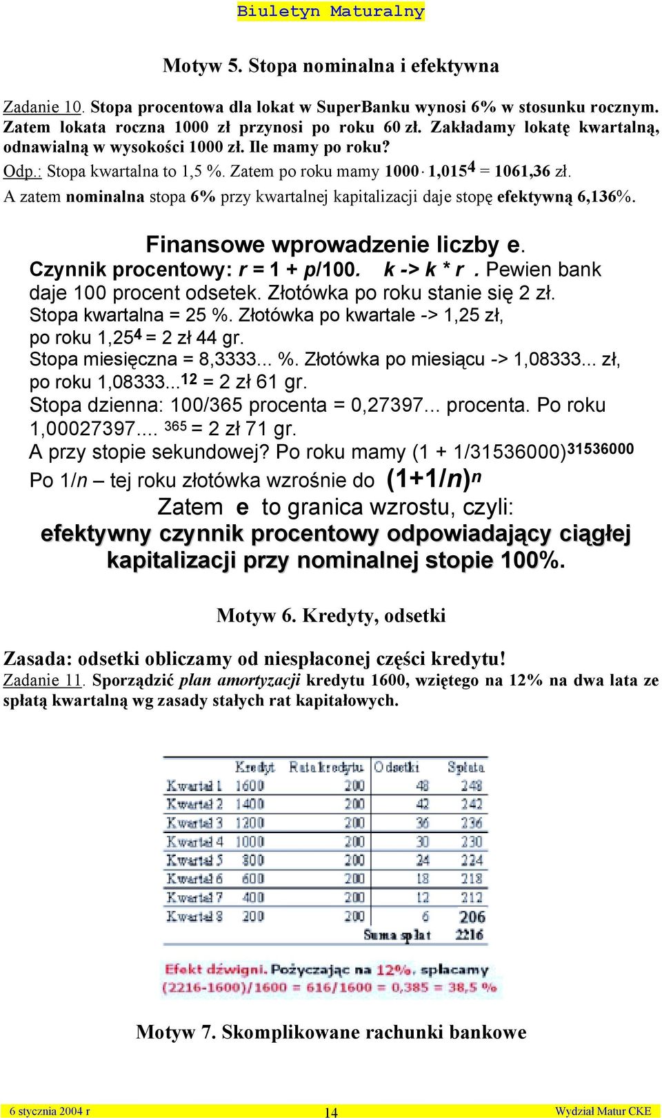 A zatem omiala stopa 6% przy kwartalej kapitalizacji daje stopę efektywą 6,36%. Fiasowe wprowadzeie liczby e. Czyik procetowy: r + p/00. k -> k * r. Pewie bak daje 00 procet odsetek.
