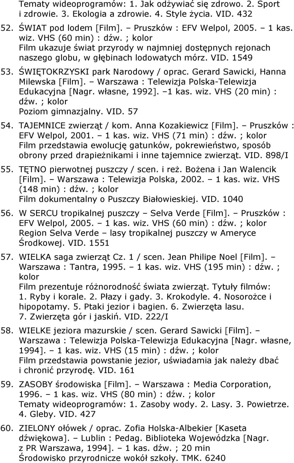 Gerard Sawicki, Hanna Milewska [Film]. Warszawa : Telewizja Polska-Telewizja Edukacyjna [Nagr. własne, 1992]. 1 kas. wiz. VHS (20 min) : dźw. ; kolor Poziom gimnazjalny. VID. 57 54.