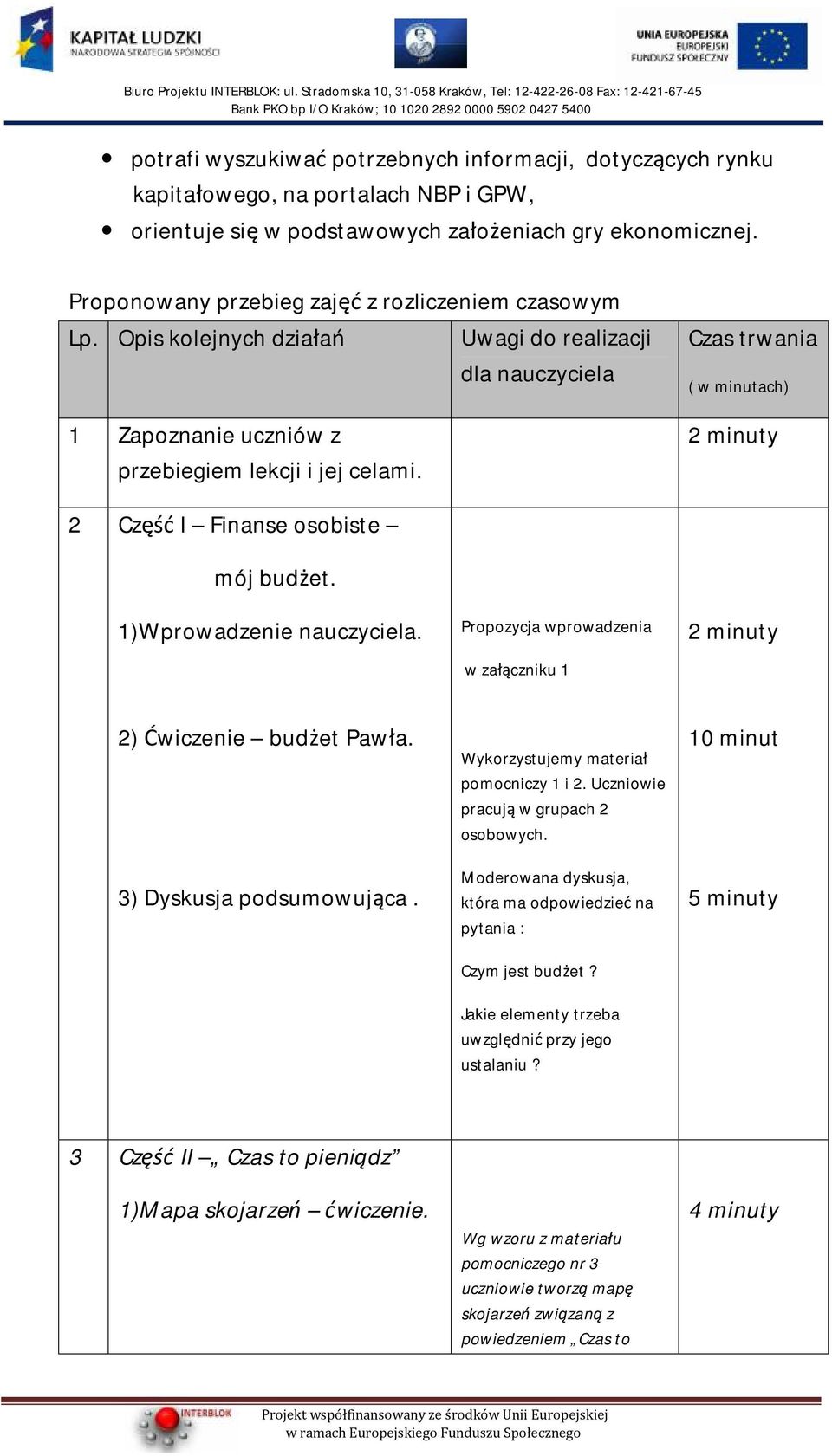 Uwagi do realizacji dla nauczyciela Czas trwania ( w minutach) 2 minuty 2 Część I Finanse osobiste mój budżet. 1)Wprowadzenie nauczyciela.