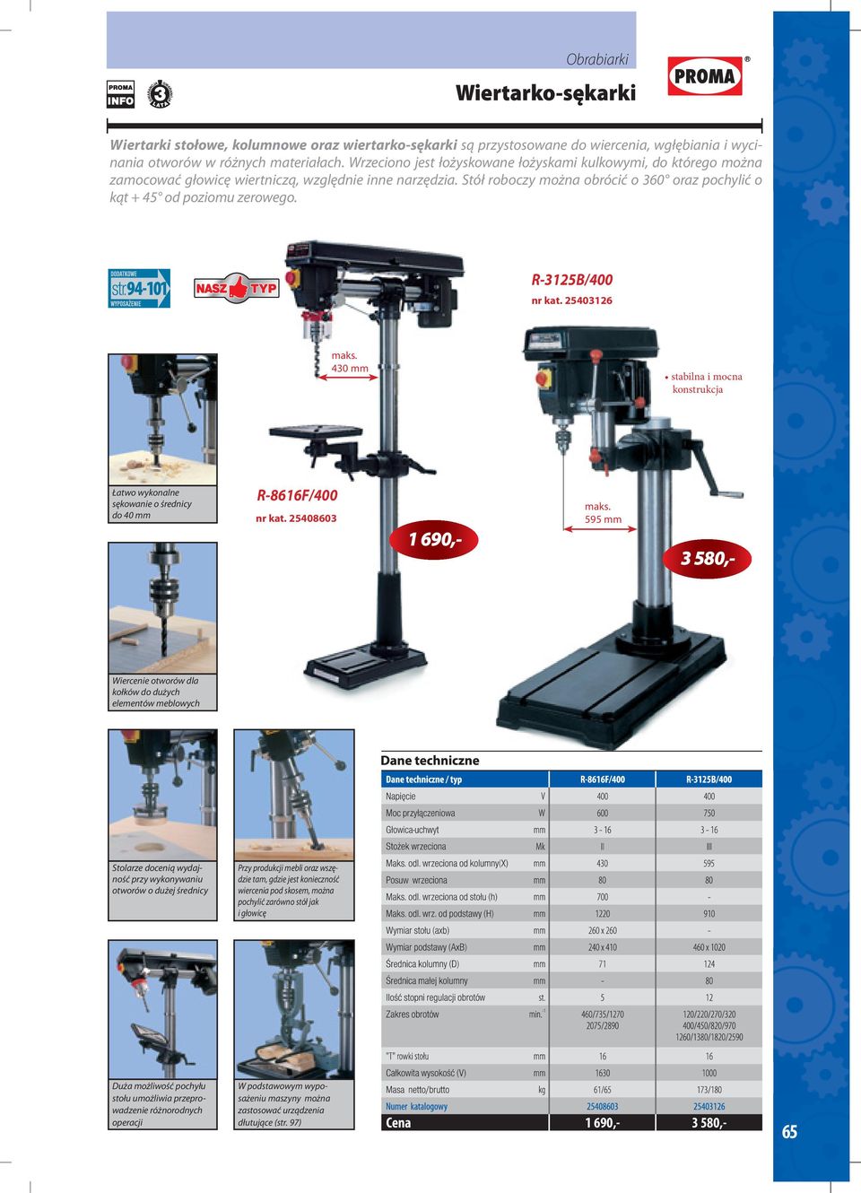 R-3125B/400 nr kat. 25403126 maks. 430 mm stabilna i mocna konstrukcja Łatwo wykonalne sękowanie o średnicy do 40 mm R-8616F/400 nr kat. 25408603 1 690,- maks.