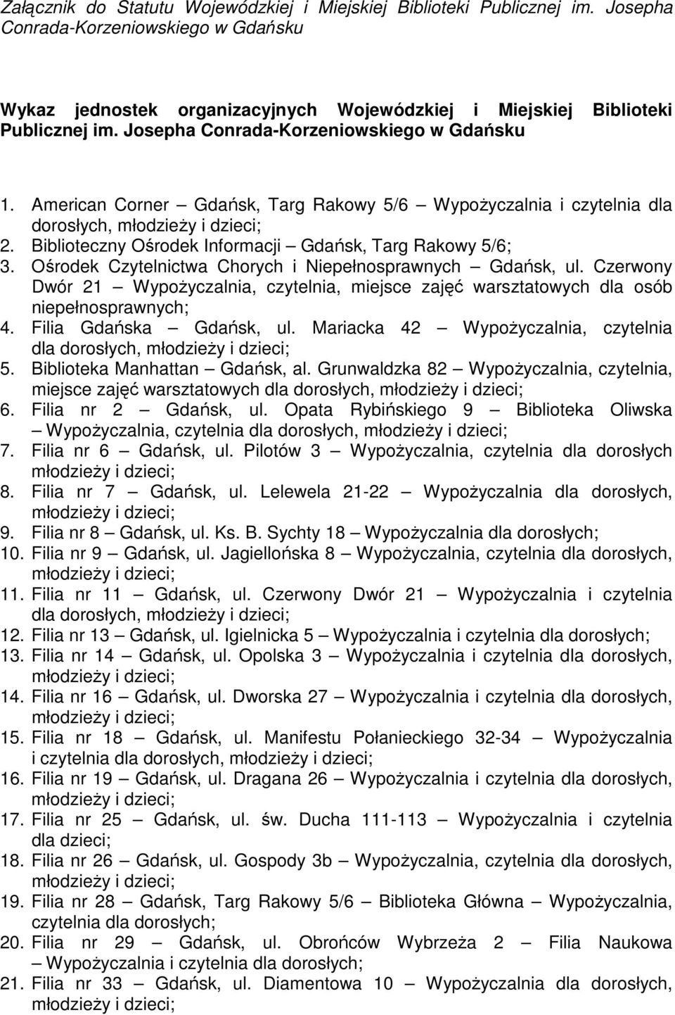 Ośrodek Czytelnictwa Chorych i Niepełnosprawnych Gdańsk, ul. Czerwony Dwór 21 WypoŜyczalnia, czytelnia, miejsce zajęć warsztatowych dla osób niepełnosprawnych; 4. Filia Gdańska Gdańsk, ul.