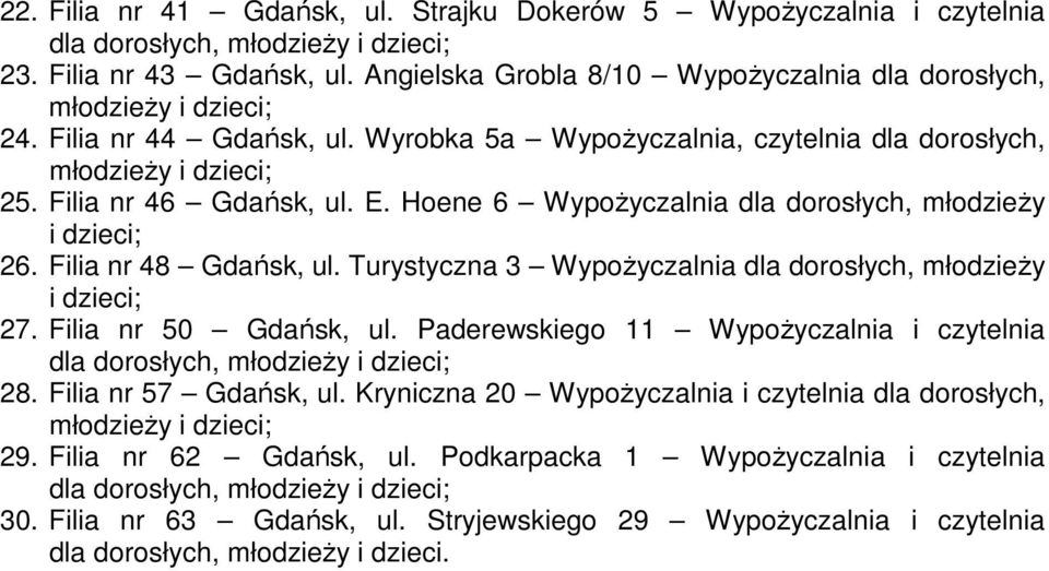 Turystyczna 3 WypoŜyczalnia dla dorosłych, młodzieŝy i dzieci; 27. Filia nr 50 Gdańsk, ul. Paderewskiego 11 WypoŜyczalnia i czytelnia dla dorosłych, 28. Filia nr 57 Gdańsk, ul.