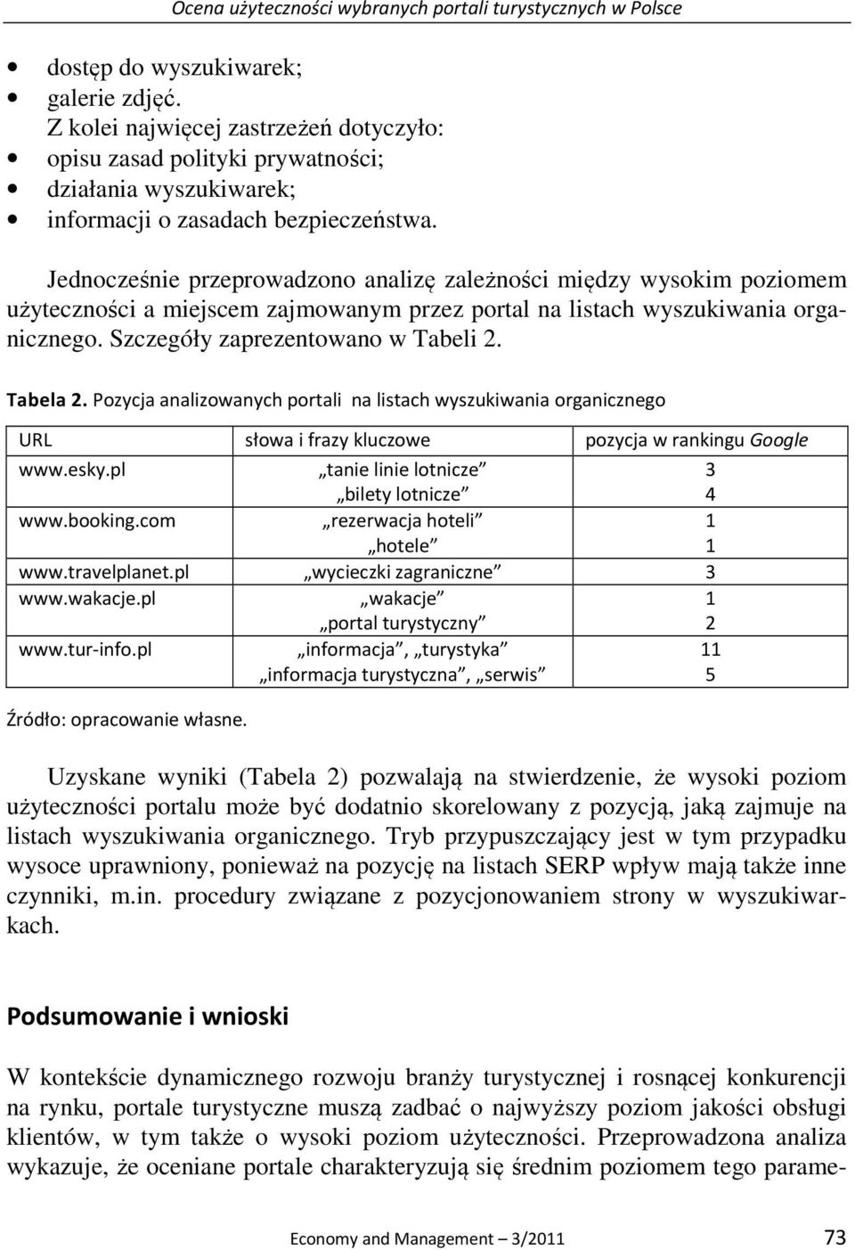 Jednocześnie przeprowadzono analizę zależności między wysokim poziomem użyteczności a miejscem zajmowanym przez portal na listach wyszukiwania organicznego. Szczegóły zaprezentowano w Tabeli 2.