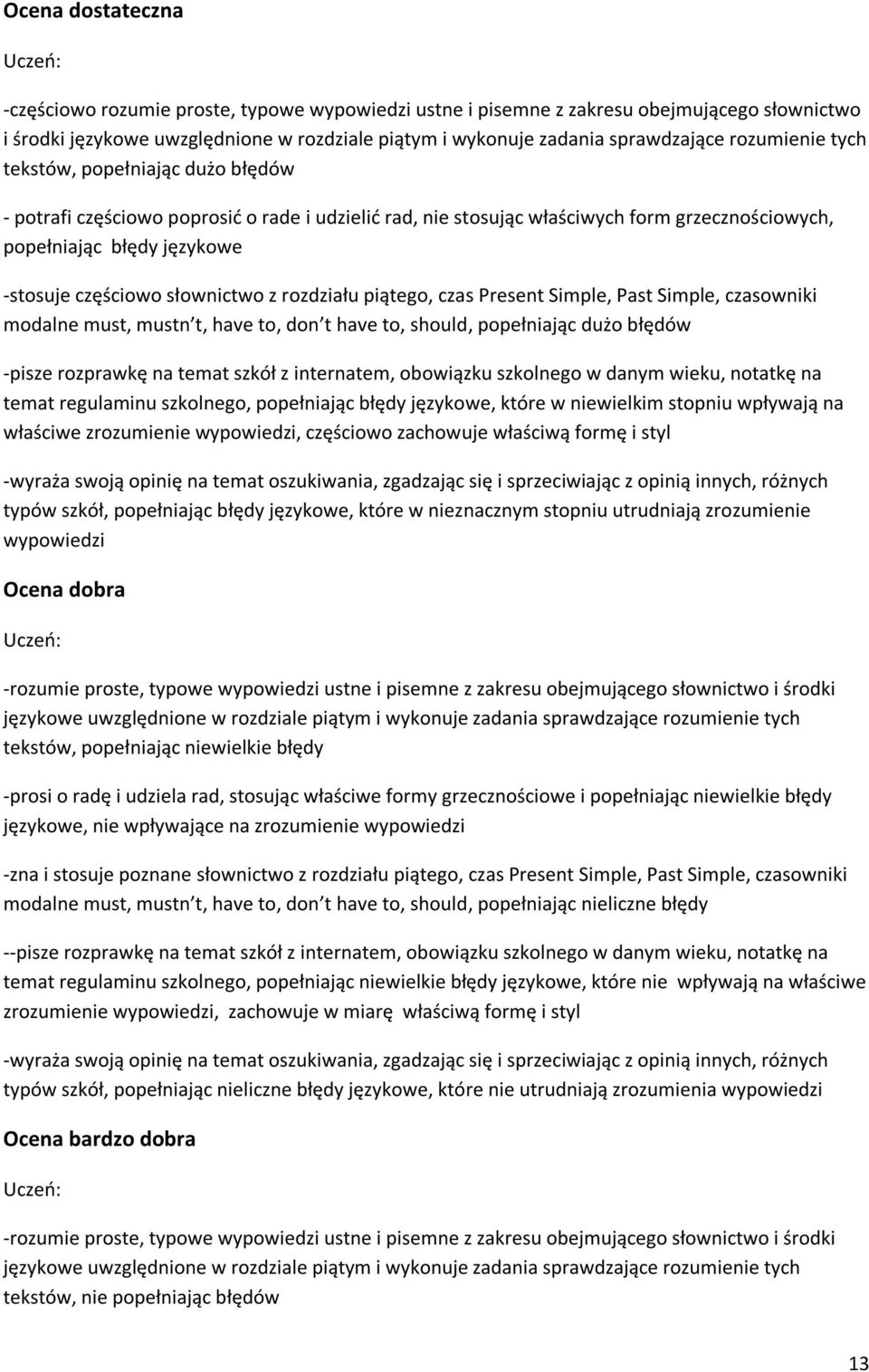 słownictwo z rozdziału piątego, czas Present Simple, Past Simple, czasowniki modalne must, mustn t, have to, don t have to, should, popełniając dużo błędów -pisze rozprawkę na temat szkół z