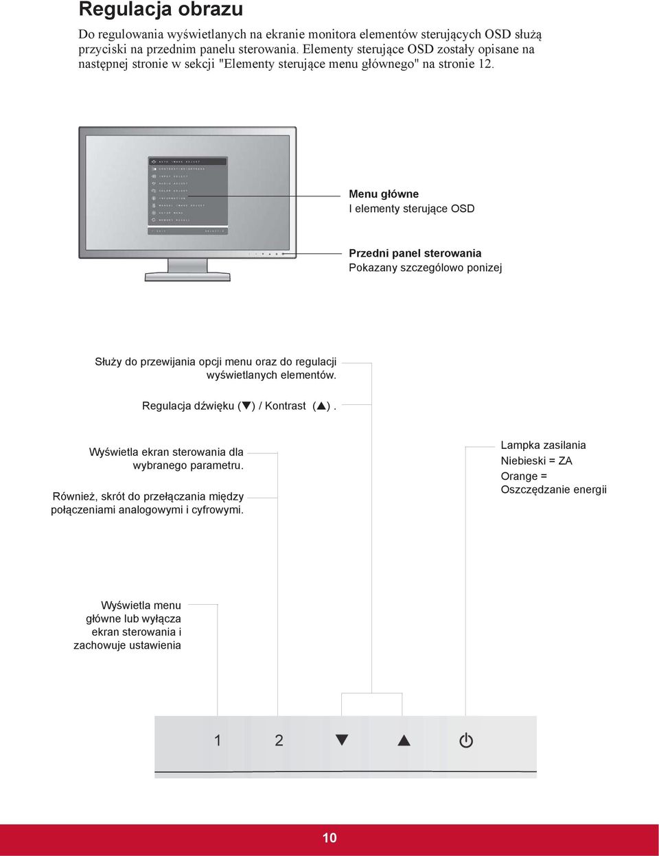 Menu g ówne I elementy steruj ce OSD Przedni panel sterowania Pokazany szczególowo ponizej S u y do przewijania opcji menu oraz do regulacji wy wietlanych elementów.