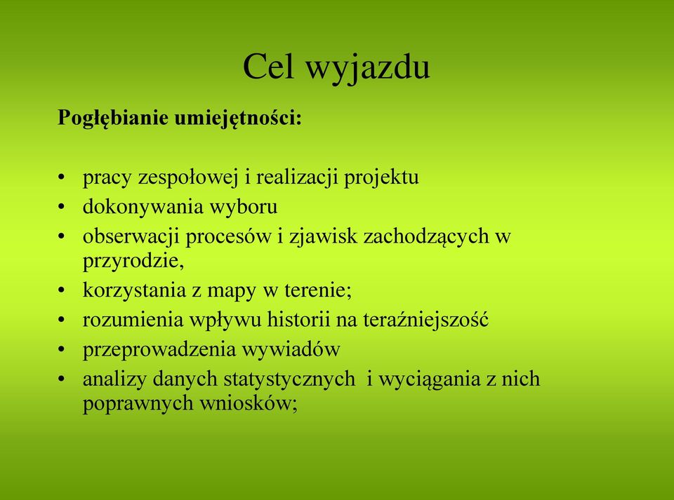 korzystania z mapy w terenie; rozumienia wpływu historii na teraźniejszość