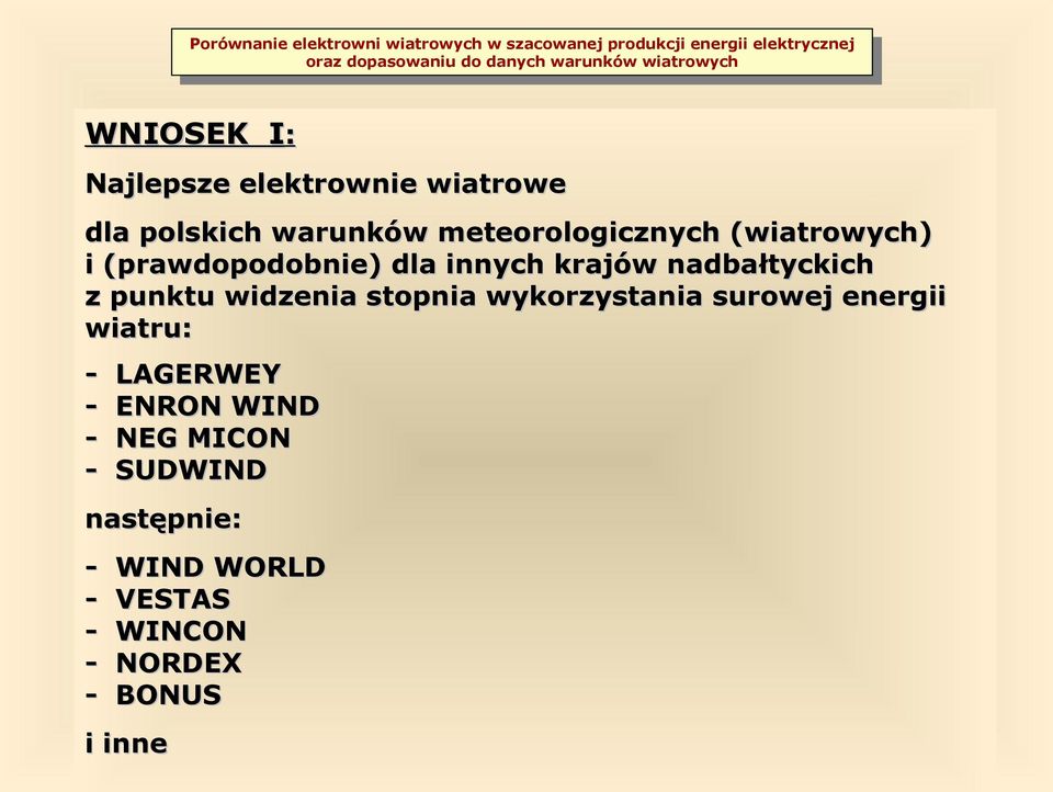 nadbałtyckich z punktu widzenia stopnia wykorzystania surowej energii wiatru: -