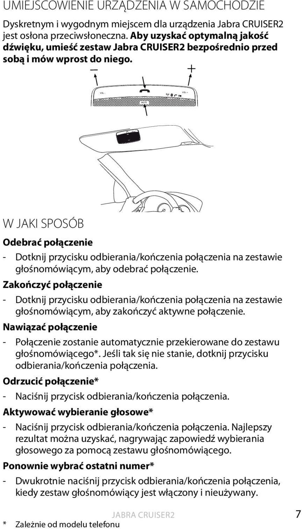 VOL - VOL + VOL - VOL + MUTE W JAKI SPOSÓB Odebrać połączenie - Dotknij przycisku odbierania/kończenia połączenia na zestawie głośnomówiącym, aby odebrać połączenie.