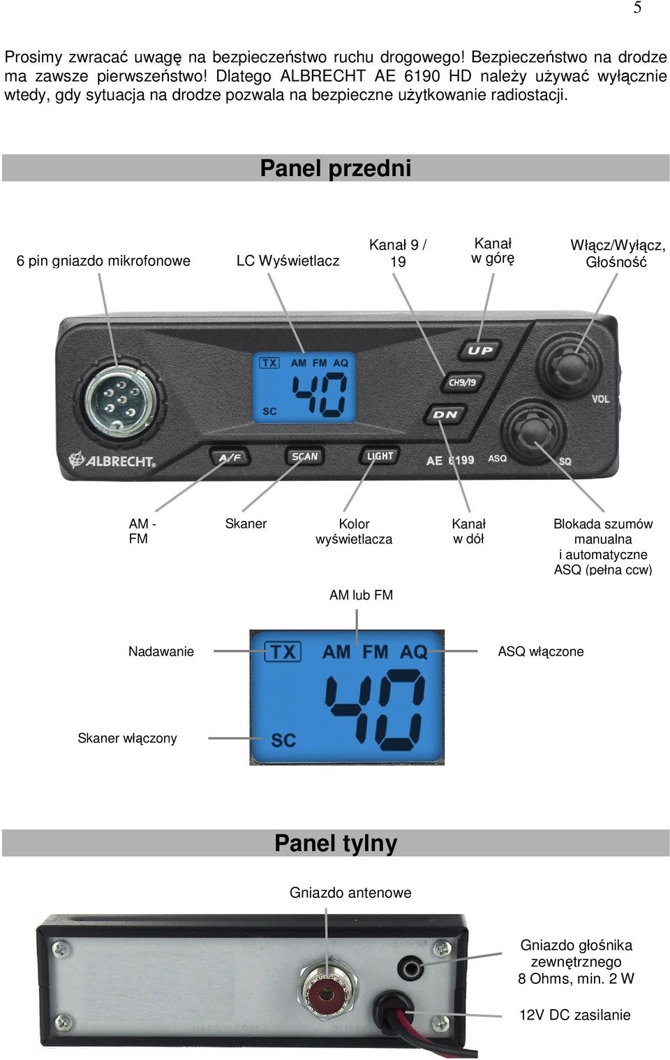 Panel przedni 6 pin gniazdo mikrofonowe LC Wyświetlacz Kanał 9 / 19 Kanał w górę Włącz/Wyłącz, Głośność ASQ AM - FM Skaner Kolor wyświetlacza