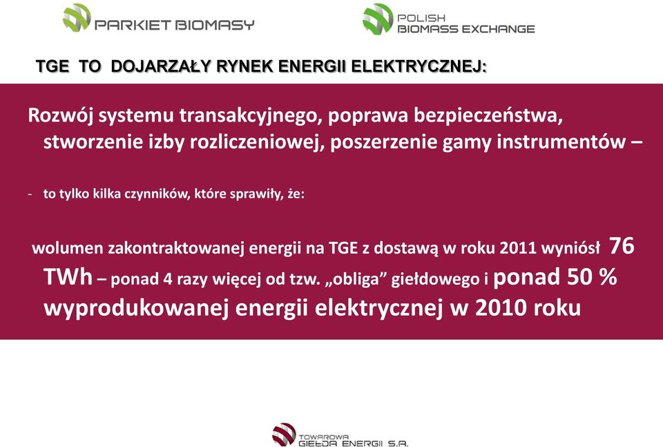 czynników, które sprawiły, że: wolumen zakontraktowanej energii na TGE z dostawą w roku 2011