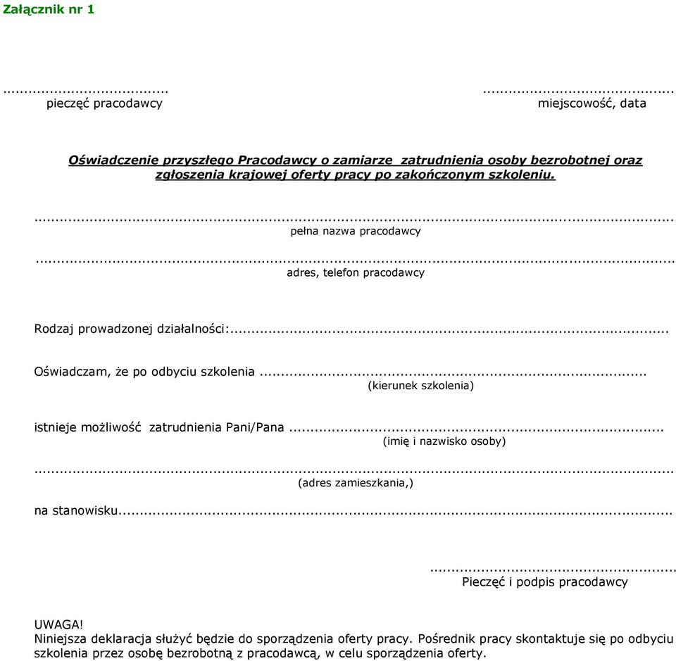zakończonym szkoleniu.... pełna nazwa pracodawcy... adres, telefon pracodawcy Rodzaj prowadzonej działalności:... Oświadczam, że po odbyciu szkolenia.