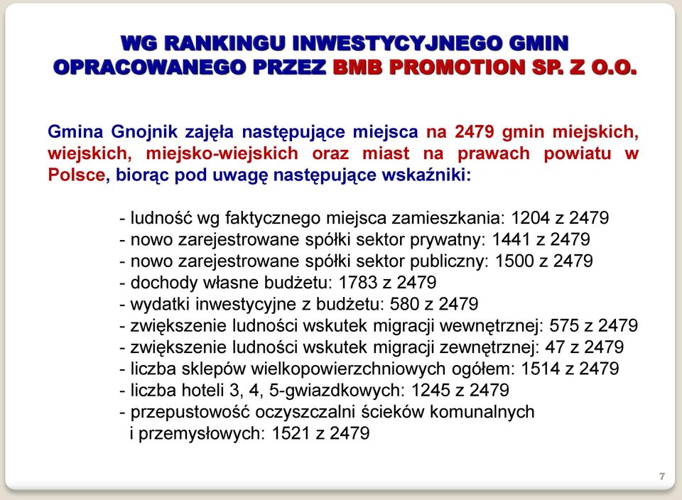 RACOWANEGO PRZEZ BMB PROMOTION SP. Z O.O. Gmina Gnojnik zajęła następujące miejsca na 2479 gmin miejskich, wiejskich, miejsko-wiejskich oraz miast na prawach powiatu w Polsce, biorąc pod uwagę