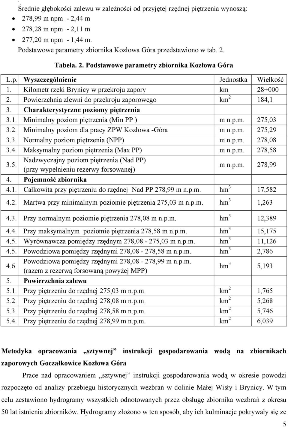Kilometr rzeki Brynicy w przekroju zapory km 28+000 2. Powierzchnia zlewni do przekroju zaporowego km 2 184,1 3. Charakterystyczne poziomy piętrzenia 3.1. Minimalny poziom piętrzenia (Min PP ) m n.p.m. 275,03 3.