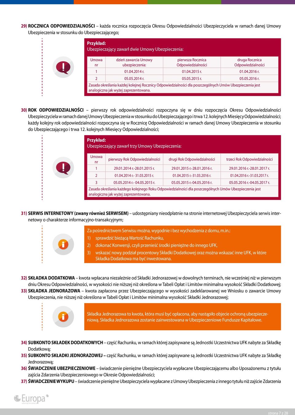 2 05.05.2014 r. 05.05.2015 r. 05.05.2016 r. Zasada określania każdej kolejnej Rocznicy Odpowiedzialności dla poszczególnych Umów Ubezpieczenia jest analogiczna jak wyżej zaprezentowana.