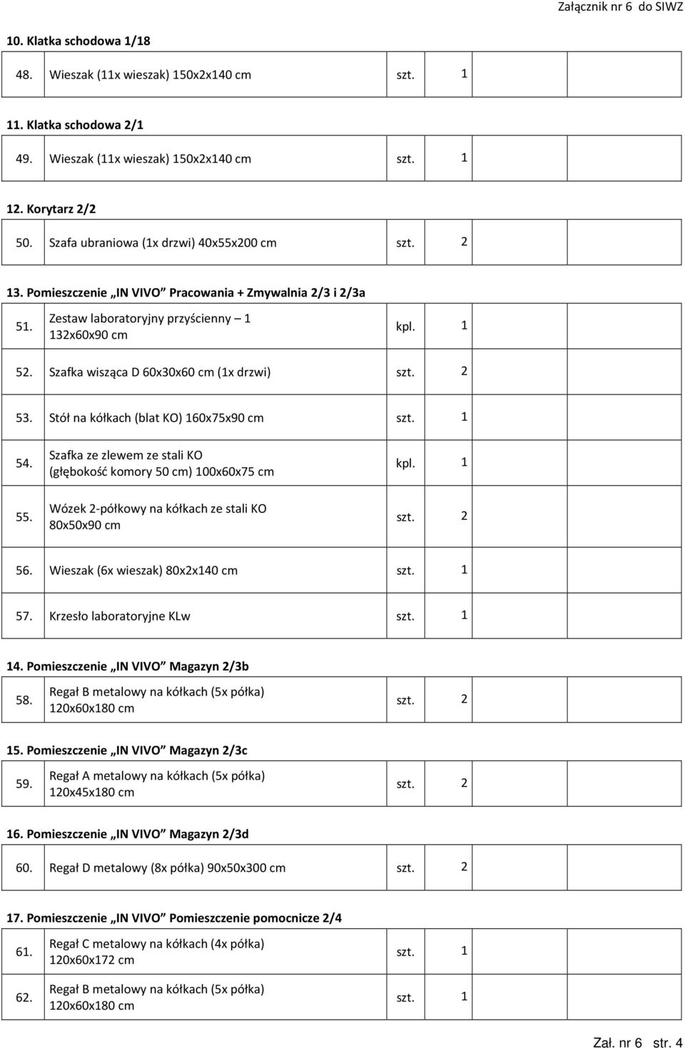Szafka ze zlewem ze stali KO (głębokość komory 50 cm) 100x60x75 cm 55. Wózek 2-półkowy na kółkach ze stali KO 80x50x90 cm 56. Wieszak (6x wieszak) 80x2x140 cm 57. Krzesło laboratoryjne KLw 14.