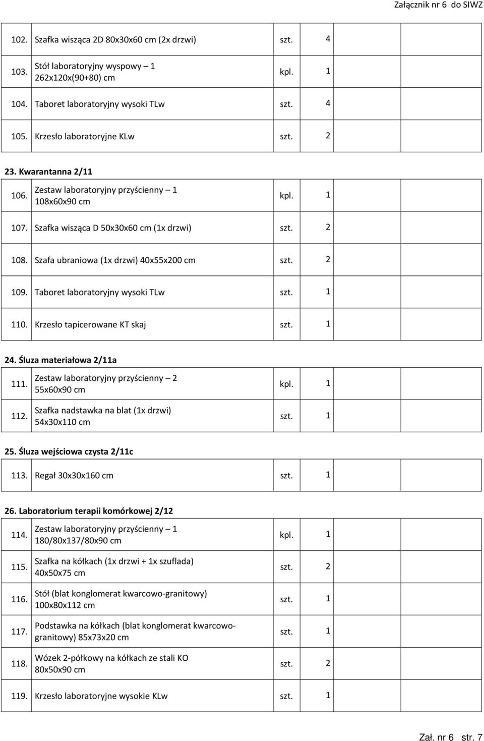 Śluza materiałowa 2/11a 111. 112. 55x60x90 cm Szafka nadstawka na blat (1x drzwi) 54x30x110 cm 25. Śluza wejściowa czysta 2/11c 113. Regał 30x30x160 cm 26. Laboratorium terapii komórkowej 2/12 114.