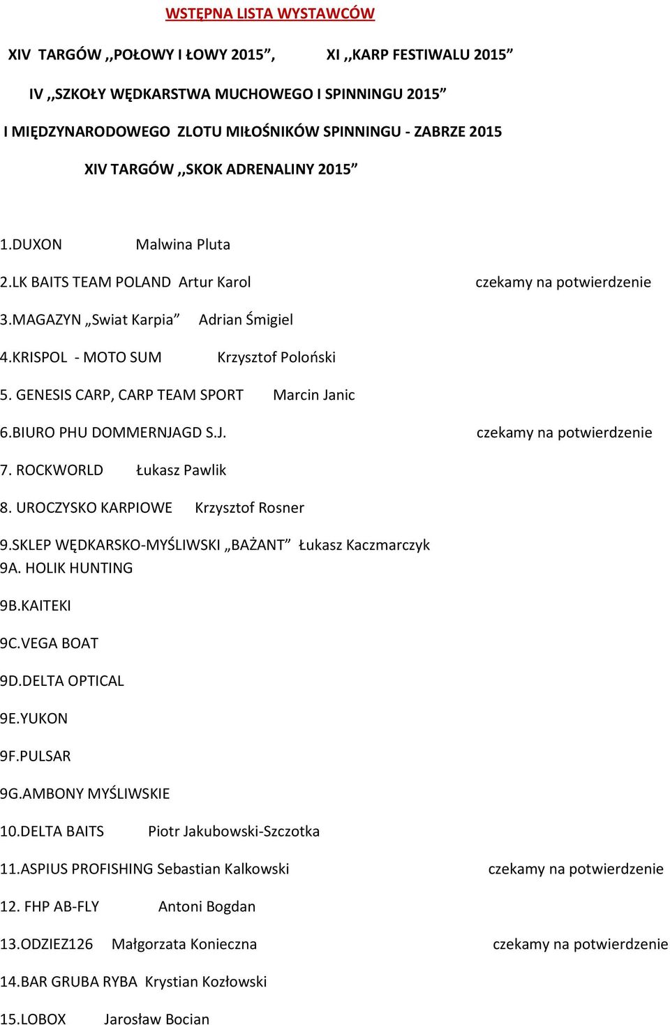 GENESIS CARP, CARP TEAM SPORT Marcin Janic 6.BIURO PHU DOMMERNJAGD S.J. 7. ROCKWORLD Łukasz Pawlik 8. UROCZYSKO KARPIOWE Krzysztof Rosner 9.SKLEP WĘDKARSKO-MYŚLIWSKI BAŻANT Łukasz Kaczmarczyk 9A.