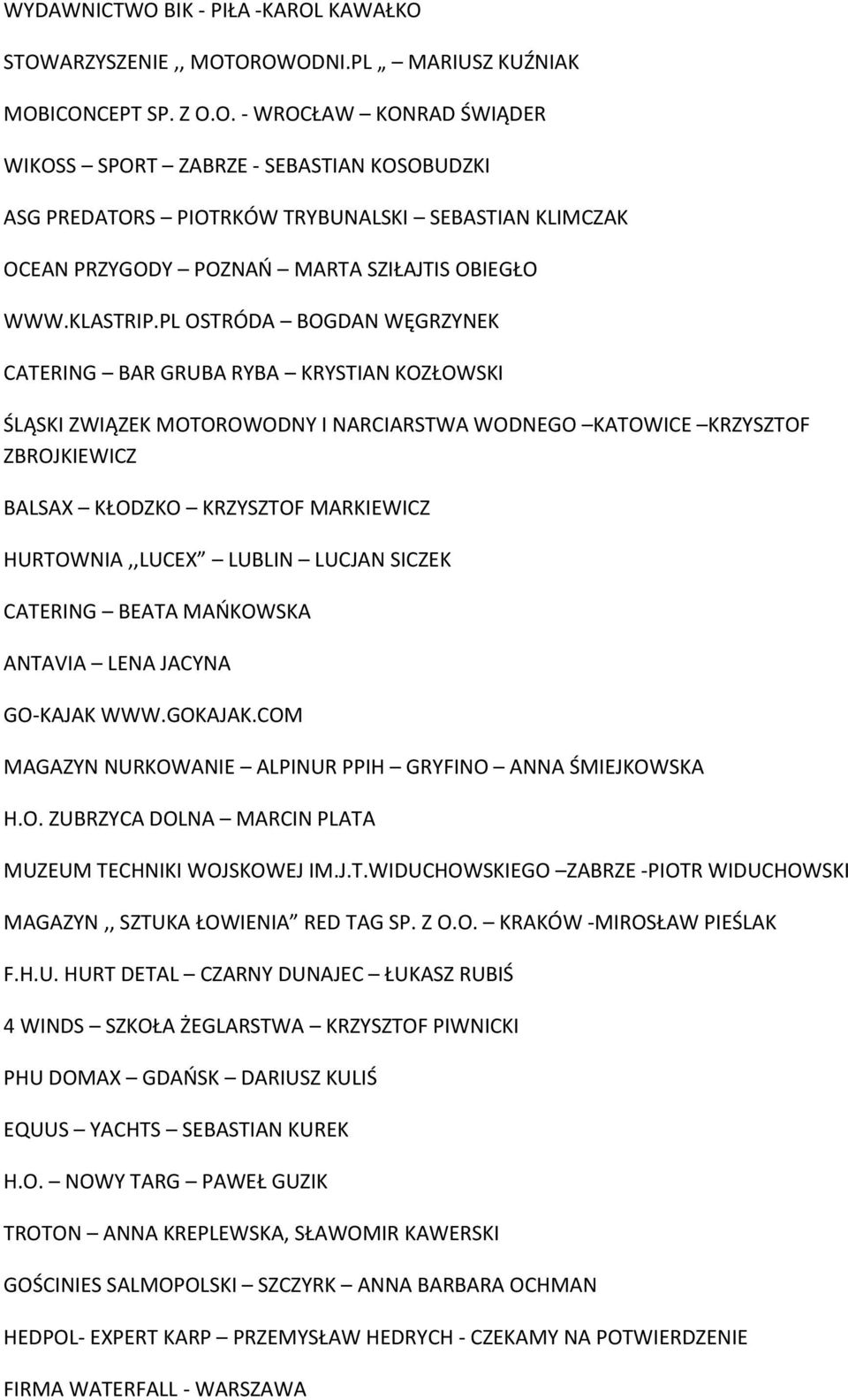 PL OSTRÓDA BOGDAN WĘGRZYNEK CATERING BAR GRUBA RYBA KRYSTIAN KOZŁOWSKI ŚLĄSKI ZWIĄZEK MOTOROWODNY I NARCIARSTWA WODNEGO KATOWICE KRZYSZTOF ZBROJKIEWICZ BALSAX KŁODZKO KRZYSZTOF MARKIEWICZ