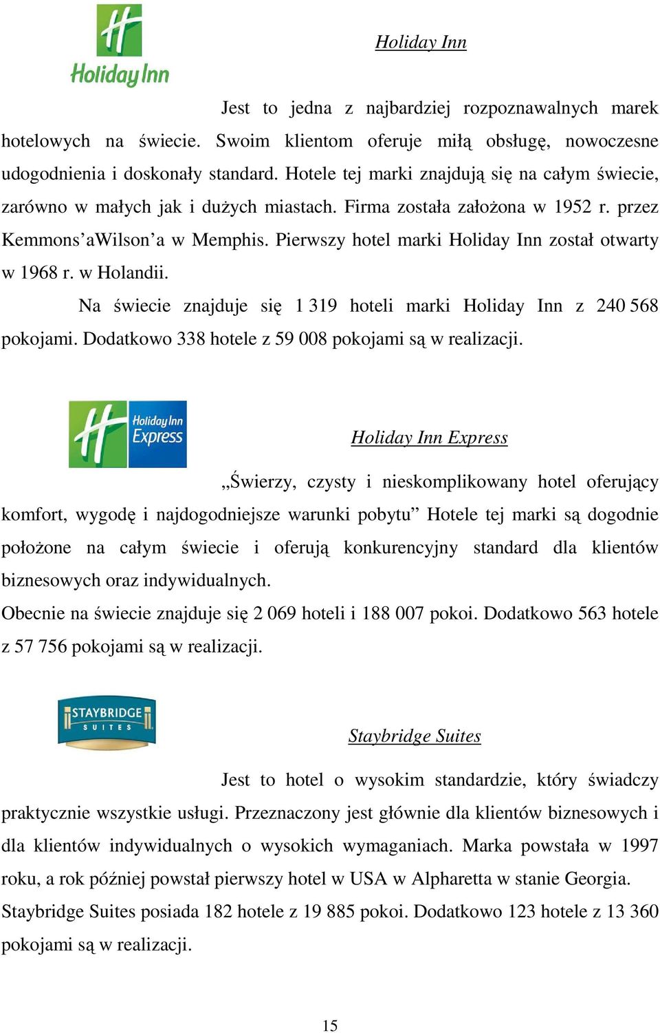 Pierwszy hotel marki Holiday Inn został otwarty w 1968 r. w Holandii. Na świecie znajduje się 1 319 hoteli marki Holiday Inn z 240 568 pokojami. Dodatkowo 338 hotele z 59 008 pokojami są w realizacji.