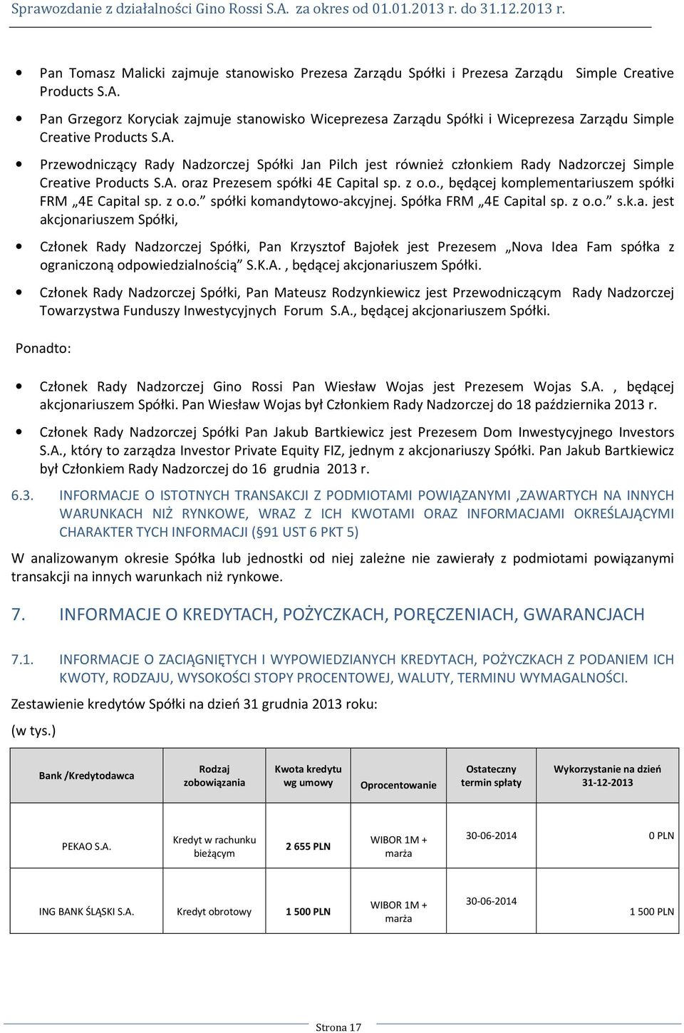 Przewodniczący Rady Nadzorczej Spółki Jan Pilch jest również członkiem Rady Nadzorczej Simple Creative Products S.A. oraz Prezesem spółki 4E Capital sp. z o.o., będącej komplementariuszem spółki FRM 4E Capital sp.