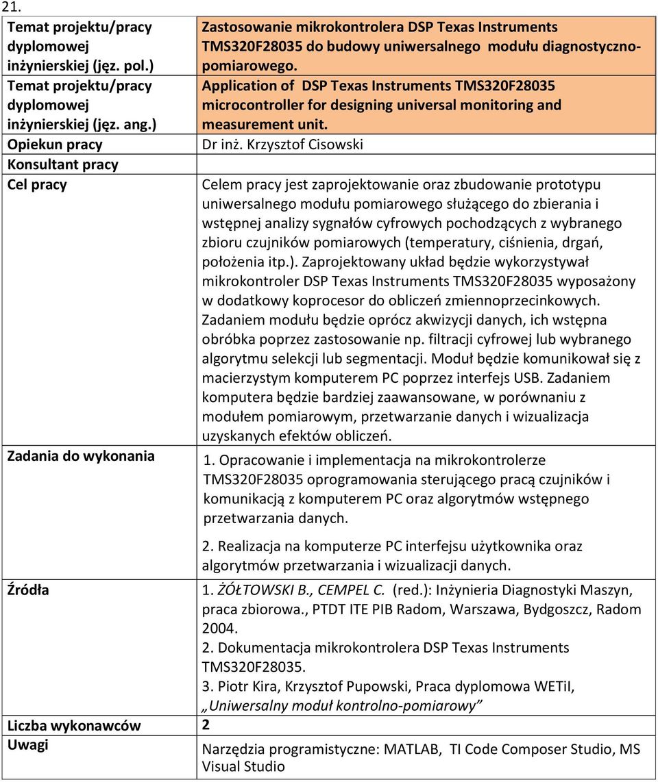 Krzysztof Cisowski Celem pracy jest zaprojektowanie oraz zbudowanie prototypu uniwersalnego modułu pomiarowego służącego do zbierania i wstępnej analizy sygnałów cyfrowych pochodzących z wybranego